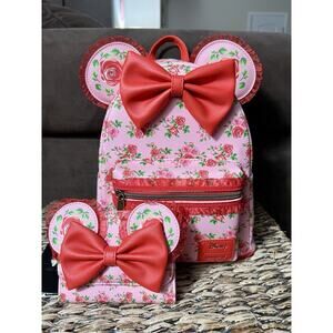 Loungefly Disney Minnie Mouse Pink & Red Roses Figural Mini Backpack & Wallet